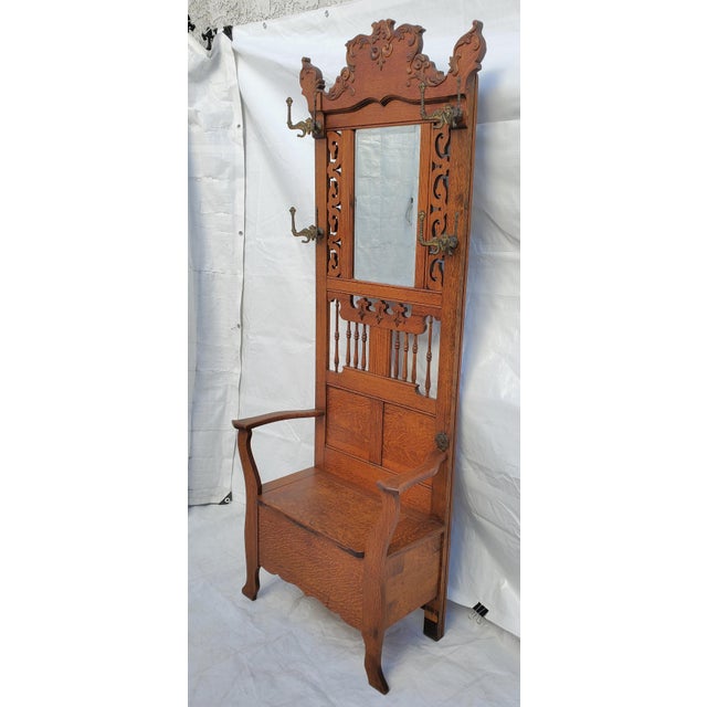 Antique American Oak Hall Seat / Hall Tree With Hooks, Mirror