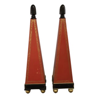 Pair 67" Painted Wood Hollywood Regency Obelisks With Gilt Detailing, C. 1960s For Sale