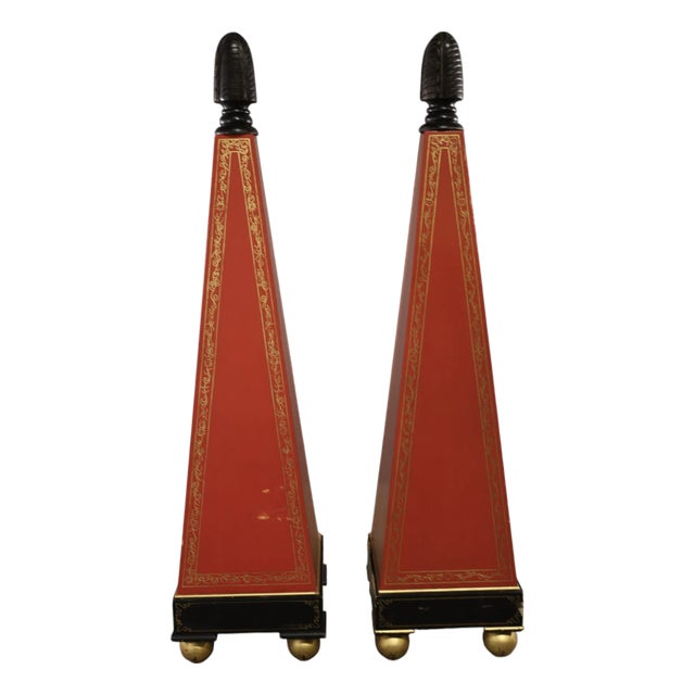 Pair 67" Painted Wood Hollywood Regency Obelisks With Gilt Detailing, C. 1960s For Sale