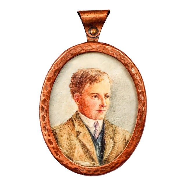 Handsome Antique Portrait Miniature Painting of Young Man Arts and Crafts Hammered Copper Frame Home Decor For Sale