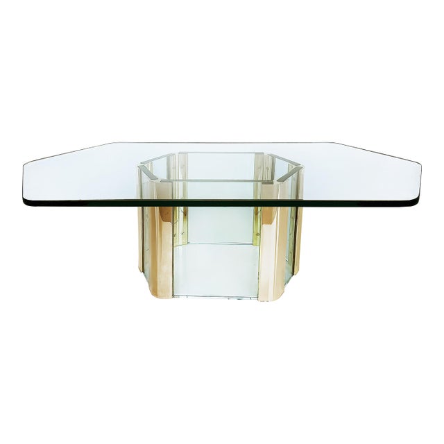 1960s Elongated Hexogonal Leon Rosen Pace Coffee Table in Brass and Glass For Sale