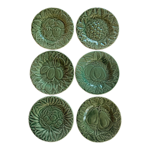 Late 20th Century Set of 6 Green Bordallo Pinheiro Majolica Salad or Dessert Plates From Portugal