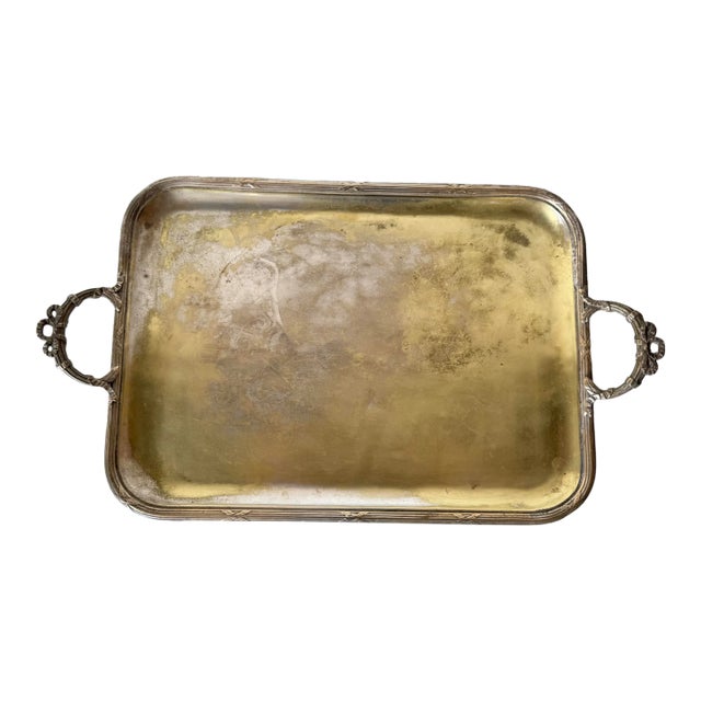 1970's Vintage Silver-Plated Serving Tray With Ornate Handles For Sale