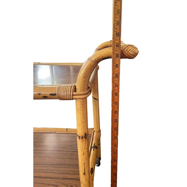 1960s Burnt Bamboo & Rattan Wrapped Two-Tier Drinks or Bar Cart on Casters For Sale - Image 11 of 12