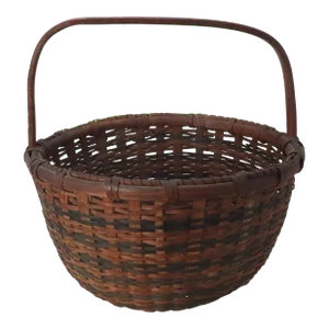 Antique 1800s American Polychrome Decorated Hand Woven Ash Splint Hoop Handle Basket