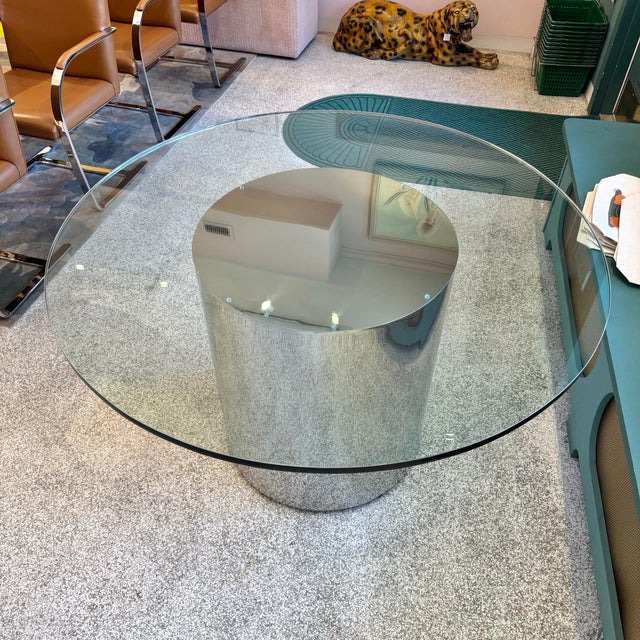 Paul Mayen Vintage 1970’s Paul Mayan Style Circular Glass and Chrome Base Dining Table For Sale - Image 4 of 10