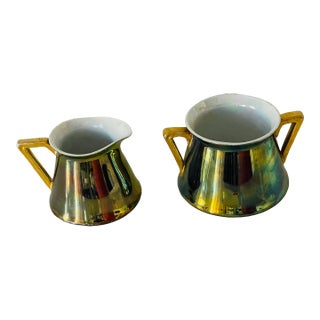 Austrian Art Nouveau Loetz Irridescent Porcelain Creamer & Sugar Bowl For Sale