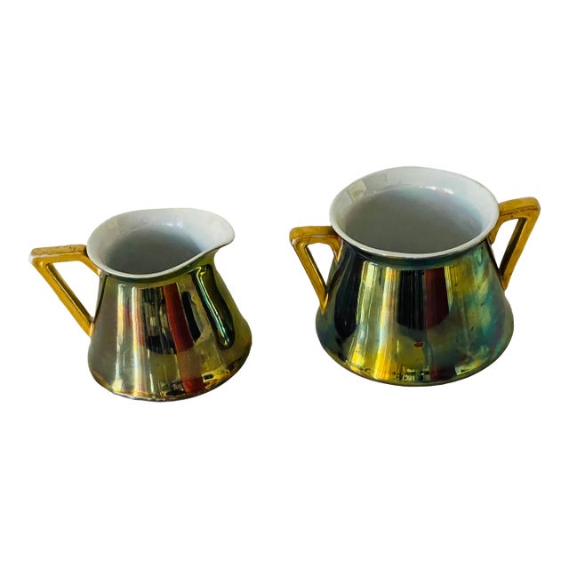 Austrian Art Nouveau Loetz Irridescent Porcelain Creamer & Sugar Bowl For Sale