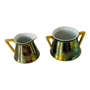 Austrian Art Nouveau Loetz Irridescent Porcelain Creamer & Sugar Bowl