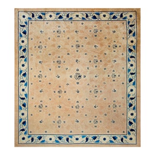 1890s Tan Champagne Dragon Medallion Antique Chinese Peking Rug 12'2" X 13'8" Handknotted Wool Carpet For Sale