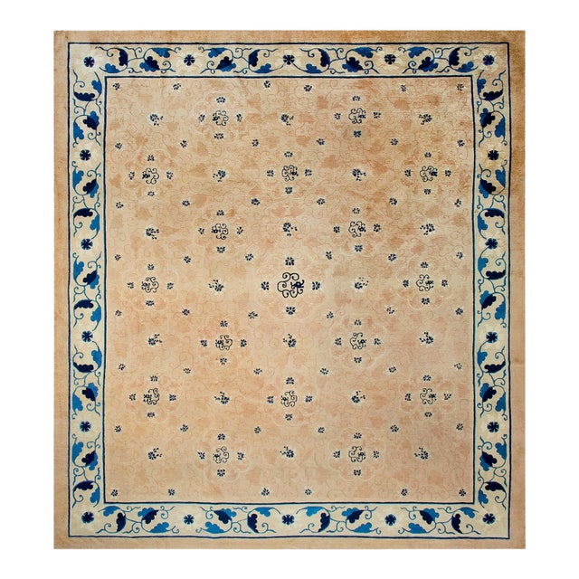 1890s Tan Champagne Dragon Medallion Antique Chinese Peking Rug 12'2" X 13'8" Handknotted Wool Carpet For Sale