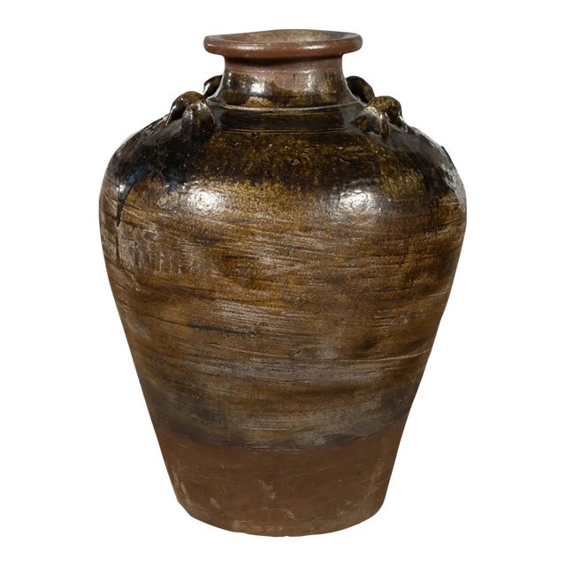 Antique Thai 19th Century Brown Glazed Water Jar with Petite Loop Handles For Sale