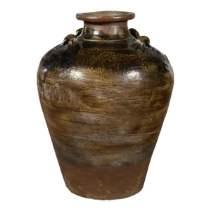 Antique Thai 19th Century Brown Glazed Water Jar with Petite Loop Handles