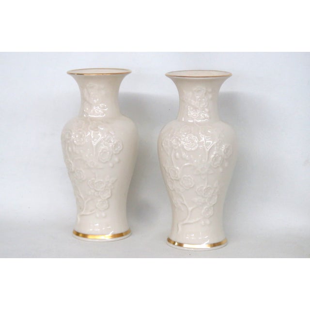 Asian Lenox Ming Blossom Vase Pair of 2 Embossed Ivory Porcelain With Gold Trim 4930b For Sale - Image 3 of 17