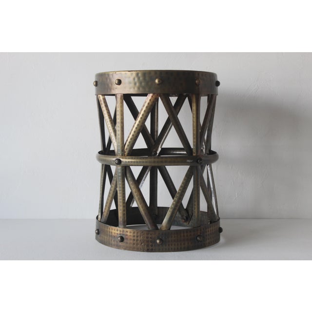 1980s Sarreid Style Colonial Brass Finish Drum X Table Stool Mid-Century For Sale - Image 12 of 12