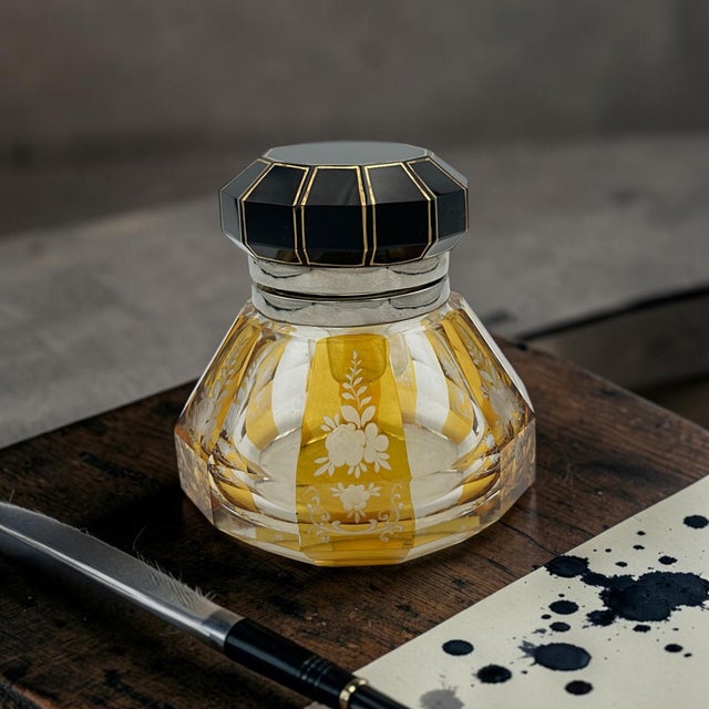 Glass Vintage Glass & Enamel Inkwell – Octagonal Cut Glass With Black & Gold Hinged Lid – Decorative Desk or Vanity Accent For Sale - Image 7 of 8