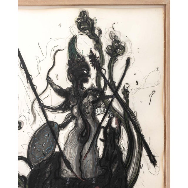 Robert Dandarov (Macedonian/American, b. 1959), "Durga", Mixed Media on Paper, 1989, depicting the Hindu Goddess defeating...