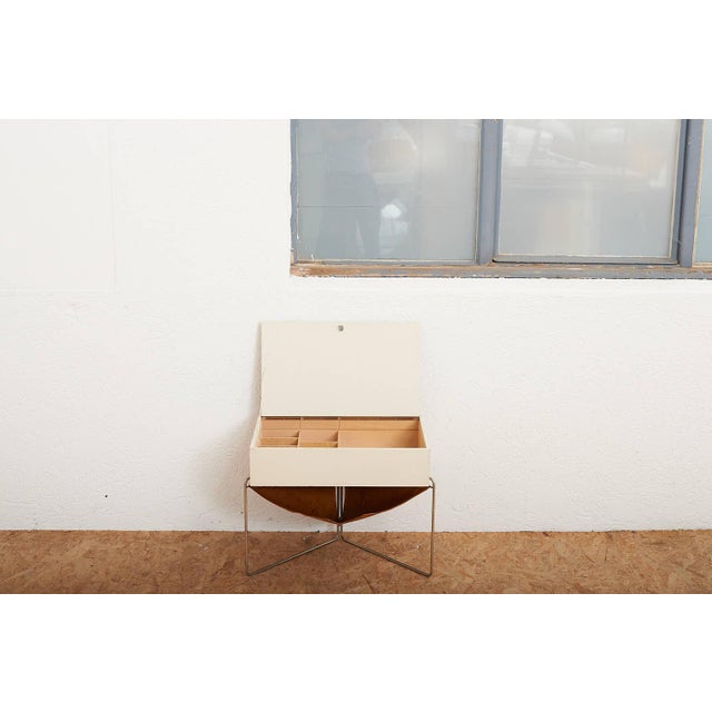 Folding Metal Frame Box with Leather Compartment in White Painted Plywood from Wohnhilfe, 1950s For Sale - Image 11 of 12