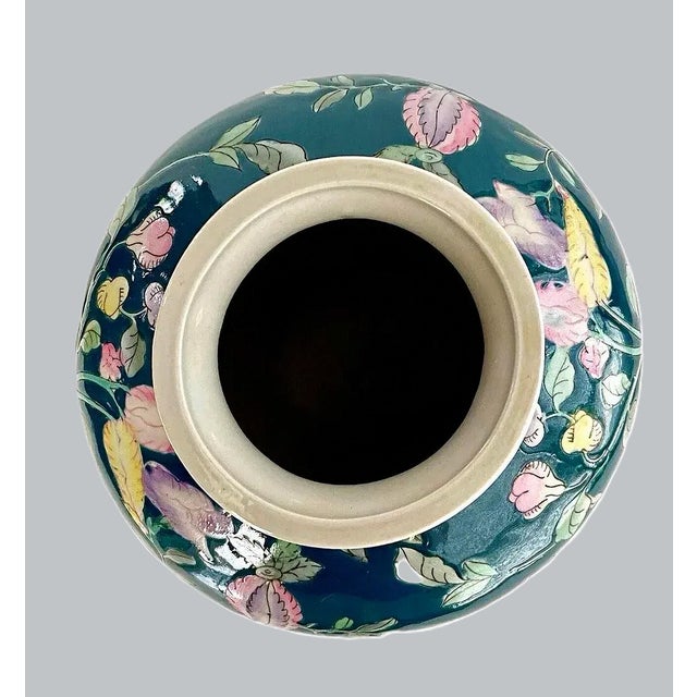 Chinoiserie Vintage Green Chinoiserie Vase With Pink Flowers For Sale - Image 3 of 5