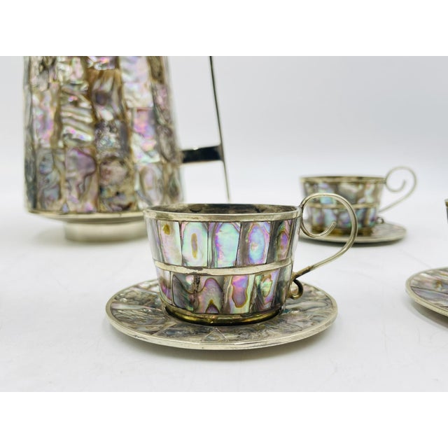 1960s Mexican Alpaca Silver & Abalone Water Pitcher Set After Los Castillo For Sale - Image 10 of 13