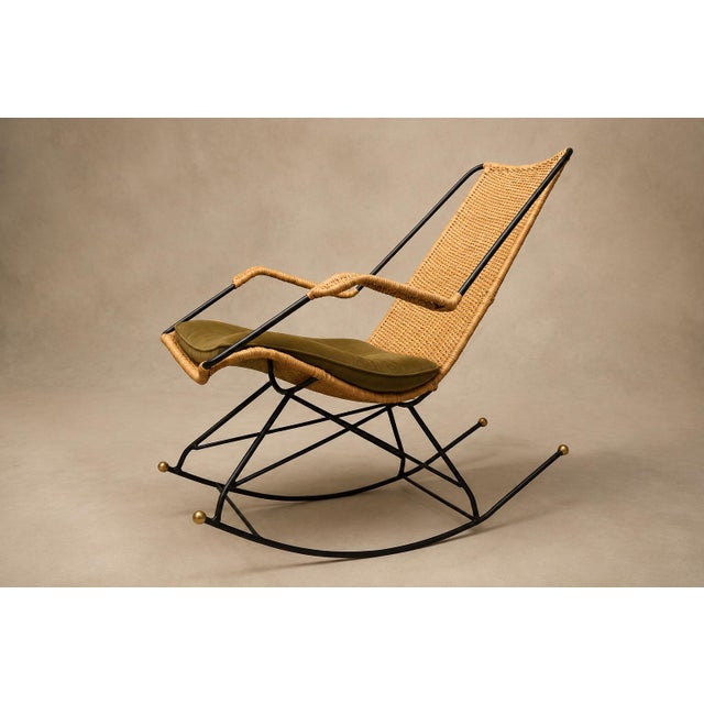 Brazilian Modern Rocking Chair in Metal, Wicker & Green Mohair by Carlo Hauner, 1950s For Sale - Image 13 of 18