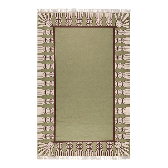 Part & Parcel Goods Wool Tassel Rug, 10' x 14', Sage, Chocolate and Eggshell For Sale