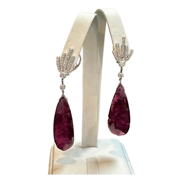 56 Carat Natural Pink Tourmaline & Diamond Cocktail Earring, 18 Karat White Gold For Sale