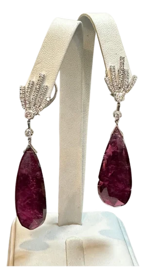 56 Carat Natural Pink Tourmaline & Diamond Cocktail Earring, 18 Karat White Gold