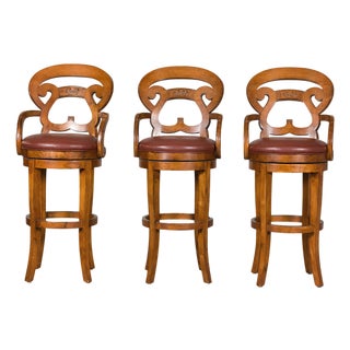 Swivel Bar Stools with Carved Backs and Faux Leather Seats – Set of 3 For Sale