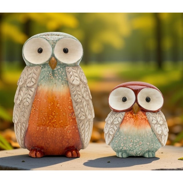 Terra Cotta Owl Figurine with Glazed Accents (Set of 2) For Sale In Chicago - Image 6 of 6