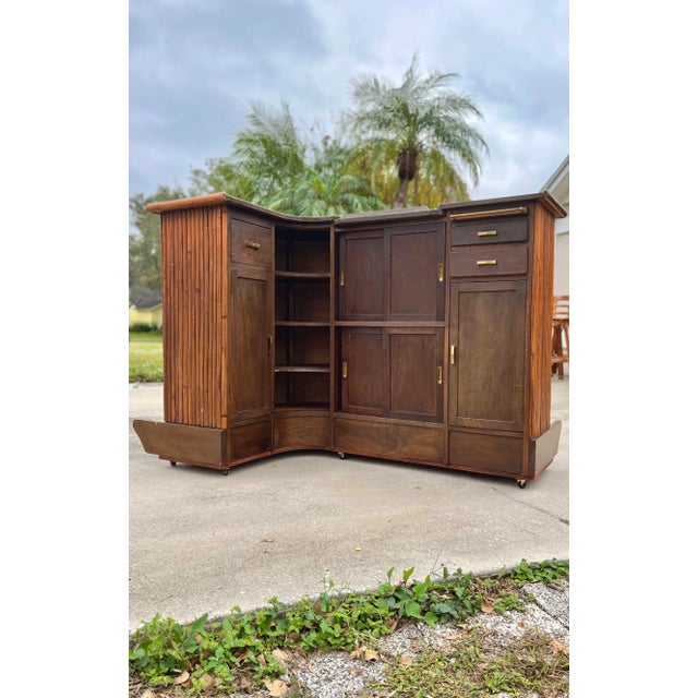 Wood and Bamboo Full Dry Bar With Matching Four Swivel Bamboo Stools. Mid Century Tiki/Island Style. This is such an...