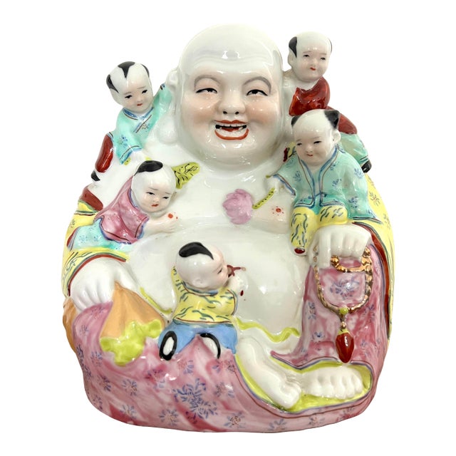 Vintage Porcelain Famille Jaune Chinese Laughing Buddha With Five Children & Long Life For Sale