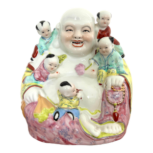 Vintage Porcelain Famille Jaune Chinese Laughing Buddha With Five Children & Long Life