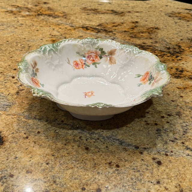 Antique Rs Prussia Porcelain Bowl 10.5" Pink Orange Floral Roses Scalloped Edge For Sale - Image 4 of 6