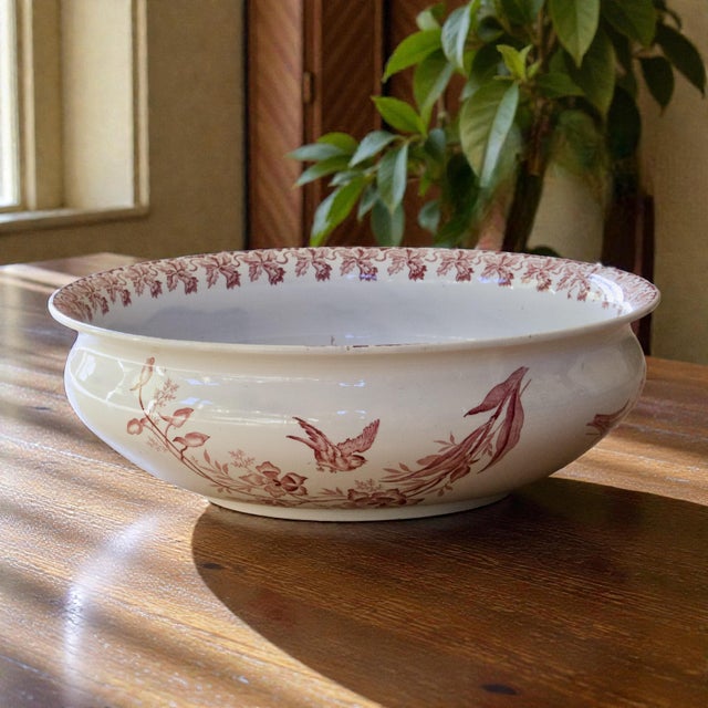 Exquisite and very large antique bowl/salad bowl/basin, late 19th century, stamped St. Amand, "Orchids" collection, pink...