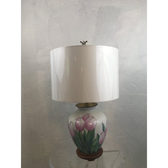 This is a happy lamp! Beautiful colors, tulip design. New wrapped shade included