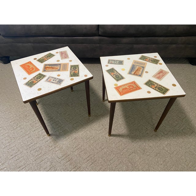 Mid Century Asian Nesting Side End Table A pair Vintage Gold design and sparkle With Asian decorations Wood Peg legs A...