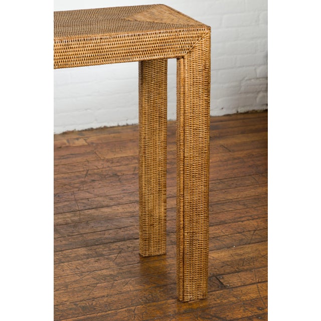 Vintage Rectangular Woven Rattan Console Table For Sale - Image 4 of 12