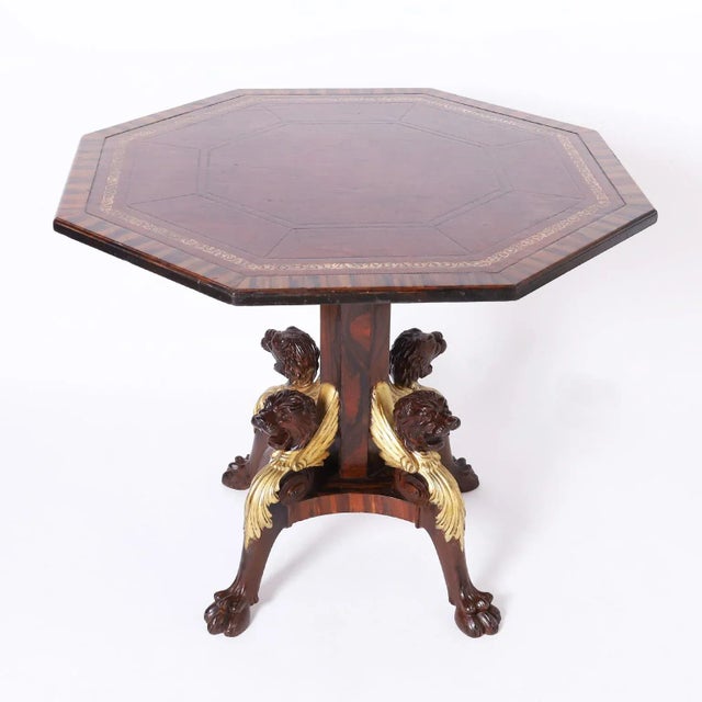 Antique English Leather Top Center Table With Lion Heads For Sale - Image 10 of 10