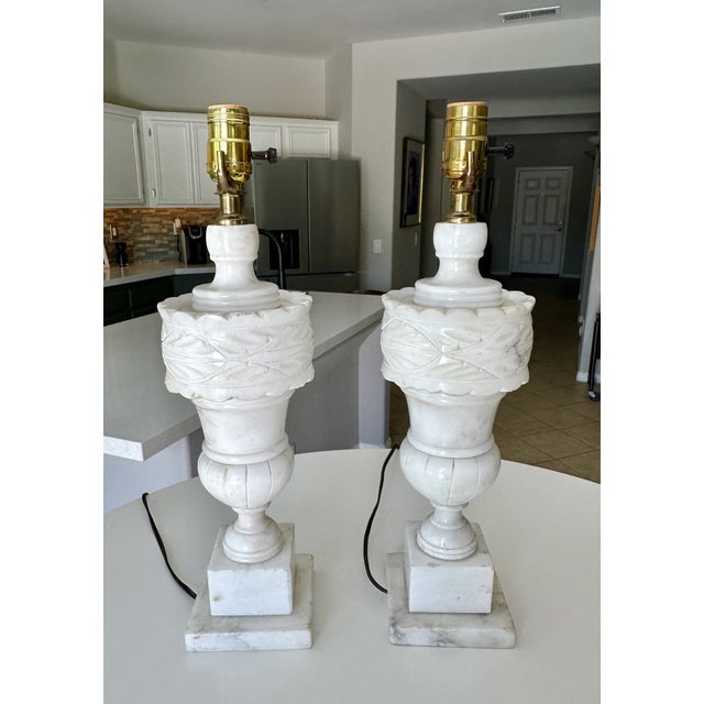 Pair of 1950's Italian Neoclassic Alabaster Table Lamps For Sale - Image 9 of 18