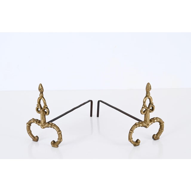 Louis XV Italian Andirons in Gilt Bronze and Iron, Italy, 1940s, Set of 2 For Sale - Image 6 of 13