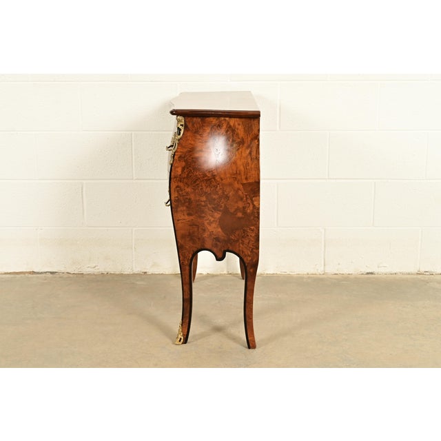 Italian Louis XV Burled Walnut Bombay Commode With Mounted Gilt Bronze Ormolu | Circa 1960s For Sale - Image 14 of 17