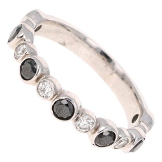 0.75 Carat Black and White Diamond White Gold Band, Size 5.5 For Sale