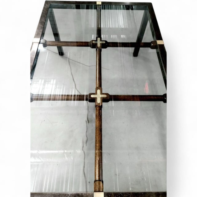 Mid-Century Hollywood Regency Brushed Metal W/Brass Accents and Glass Top on Wood Grid Dining Table For Sale - Image 9 of 12
