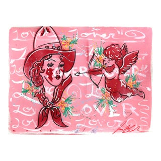 Lover (3/14) - Original Mixed Media Cowgirl and Cupid Painting on Paper by Jesse Black For Sale