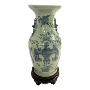 Vintage Asian Hand Painted Celedon and Blue Ceramic Vase