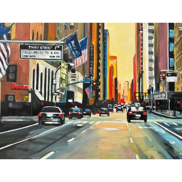 Sky Blue Chrysler Building 42nd Street New York City at Sunset With Golden Yellow Sky by Contemporary British Artist For Sale - Image 8 of 12