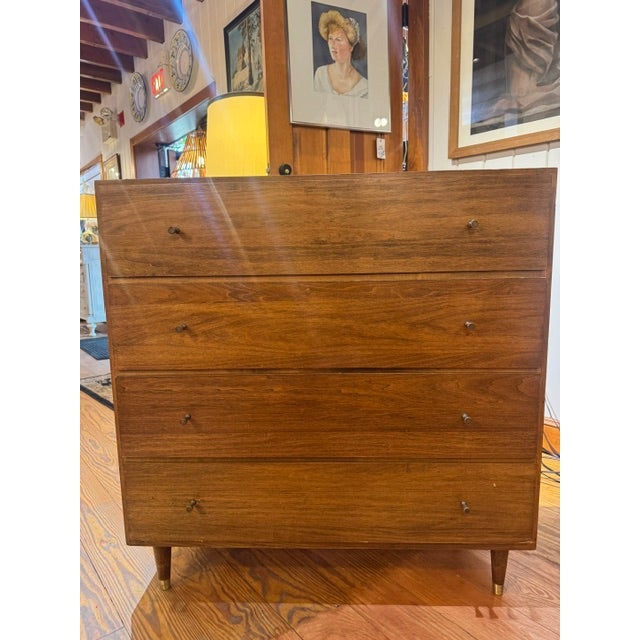 Mid-Century Modern 4 drawer Dresser with metal pulls, in the style of Paul McCobb.