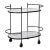 Midcentury-modern style oval bar cart with classic black iron frame and polished white marble top and bottom shelf....