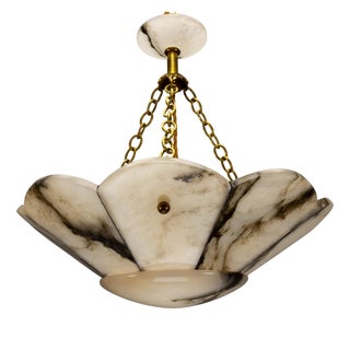 French Art Deco Alabaster and Brass Pendant Light with Segmented Shade, 1920s For Sale
